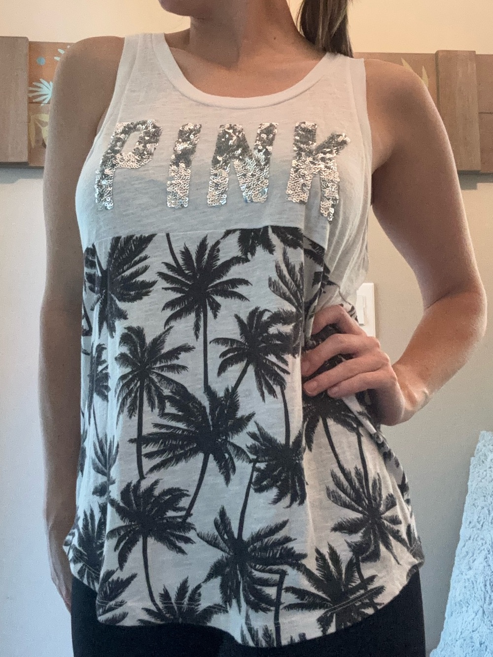 PINK Victoria's Secret White Tank with Black Palm Print and Silver Sequin Logo
